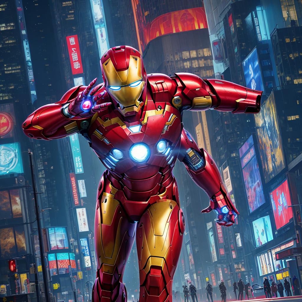  masterpiece, best quality, Best quality, masterpiece, 8k resolution, realistic, highly detailed, close up of Iron Man. In a cyberpunk-style night scene of the city, he stands on a street lined with tall buildings. The city's night lights are bright, The surrounding buildings and streets are filled with cyberpunk elements such as neon lights, high-tech devices, and futuristic architectural designs.