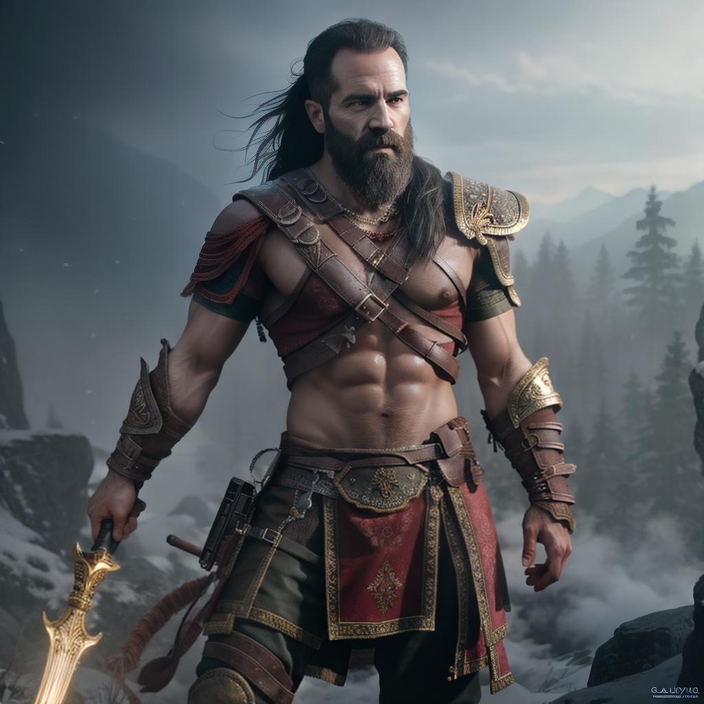  God of war hyperrealistic, full body, detailed clothing, highly detailed, cinematic lighting, stunningly beautiful, intricate, sharp focus, f/1. 8, 85mm, (centered image composition), (professionally color graded), ((bright soft diffused light)), volumetric fog, trending on instagram, trending on tumblr, HDR 4K, 8K