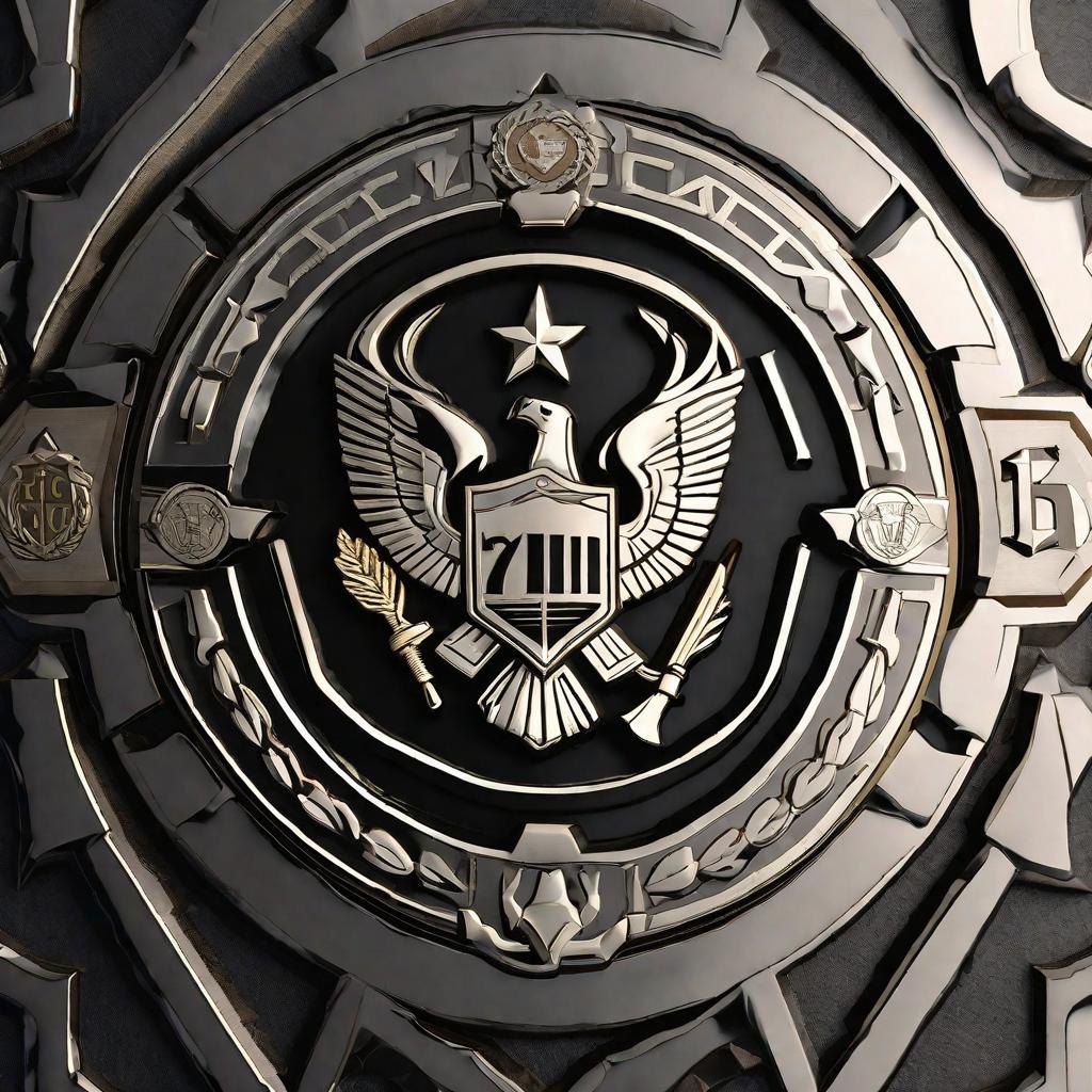  masterpiece, best quality, A close-up shot of an intricate metal emblem, featuring the emblem of Task Force 141. The emblem is highly detailed, with engraved edges and a prominent central logo. The environment is a dimly lit room, with shadows adding a sense of mystery and secrecy. The mood is intense and determined, reflecting the elite nature of the task force. The style is photography, capturing the emblem in high definition. The lighting is dramatic, with a single spotlight illuminating the emblem, creating stark contrasts between light and shadow. The realization is a high-resolution photograph taken with a macro lens, allowing for precise details to be captured.