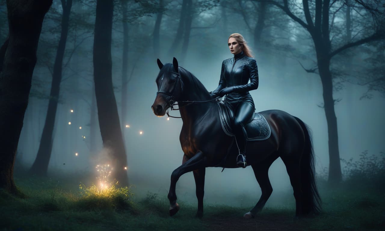  gloomy style, mistress, leather racing suit, riding a horse, old fairy forest, black night, fog, fireflies illuminate the grass, gloomy, gothic, gloomy, haunting, with high detail hyperrealistic, full body, detailed clothing, highly detailed, cinematic lighting, stunningly beautiful, intricate, sharp focus, f/1. 8, 85mm, (centered image composition), (professionally color graded), ((bright soft diffused light)), volumetric fog, trending on instagram, trending on tumblr, HDR 4K, 8K