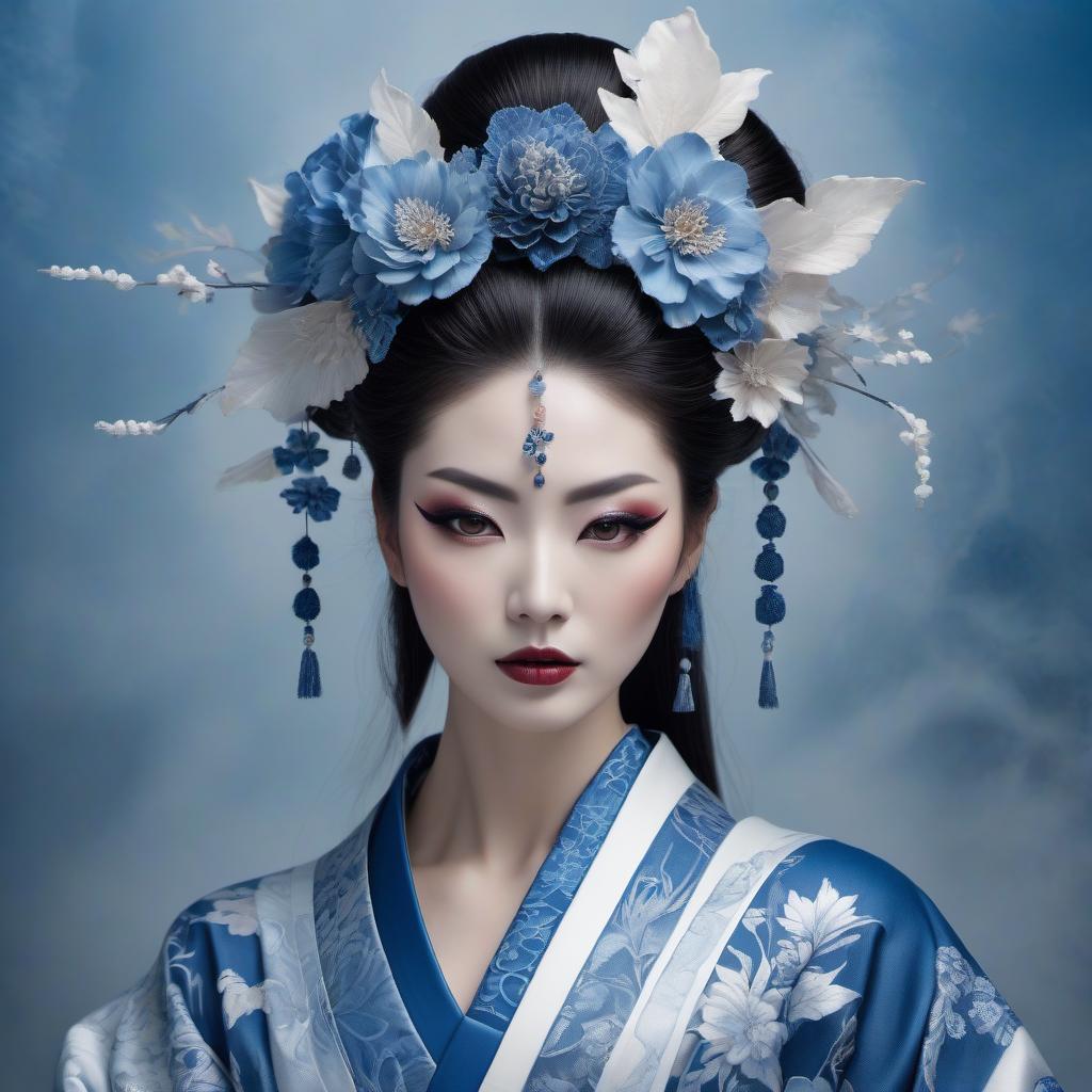  Fashion editorial style Envision a portrait of a Japanese geisha, her countenance tinged with sorrow as a single tear trails from her eye. Her abundant hair frames a face with lips painted a soft blue, while her attire is a complex array of traditional garments. The portrait, reminiscent of Anne Stokes' work, is rendered in a whimsical Zentangle style, boasting an intricate cyanotype design that seems to lift from the canvas in a 3D embossed effect. The color palette is a harmonious blend of delft blue and white, enriched with subtle touches of ginger brown and light pink. This piece is a fantasy encapsulated in an 8k resolution masterpiece, a high definition pencil sketch that transitions into line art with pen and ink filigree. The backdr hyperrealistic, full body, detailed clothing, highly detailed, cinematic lighting, stunningly beautiful, intricate, sharp focus, f/1. 8, 85mm, (centered image composition), (professionally color graded), ((bright soft diffused light)), volumetric fog, trending on instagram, trending on tumblr, HDR 4K, 8K