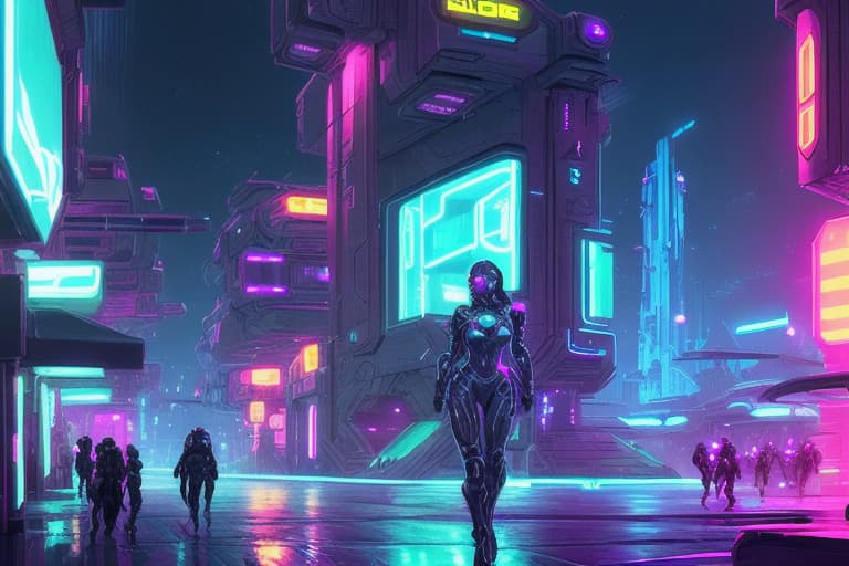  Armored woman,, sci fi, concept art, A city at night. neon lights