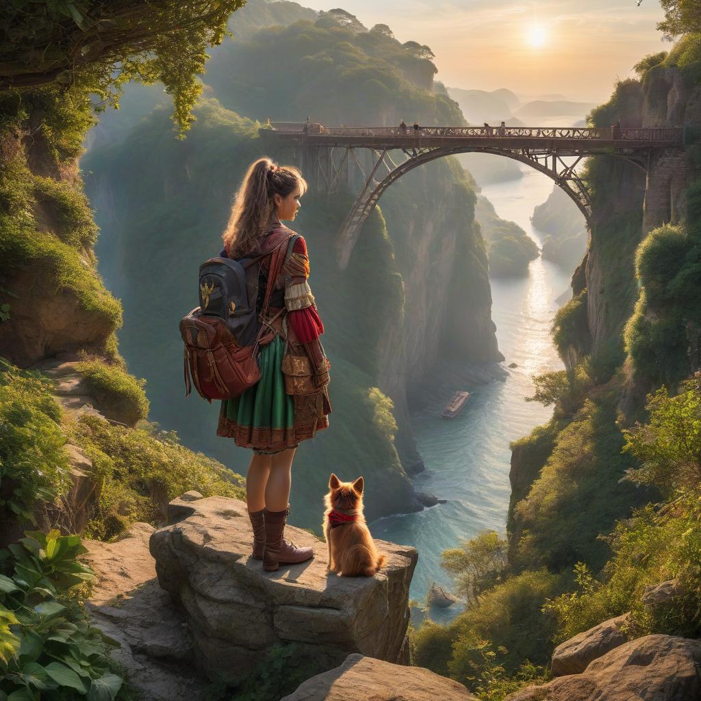  The Fool Tarot Card. A girl dressed as a jester stands on the edge of a cliff. The girl looks at the camera. In front of her, three rope bridges are stretched towards different sides. With her, a small backpack. Next to the girl is a tiny dog. The sun is shining. hyperrealistic, full body, detailed clothing, highly detailed, cinematic lighting, stunningly beautiful, intricate, sharp focus, f/1. 8, 85mm, (centered image composition), (professionally color graded), ((bright soft diffused light)), volumetric fog, trending on instagram, trending on tumblr, HDR 4K, 8K