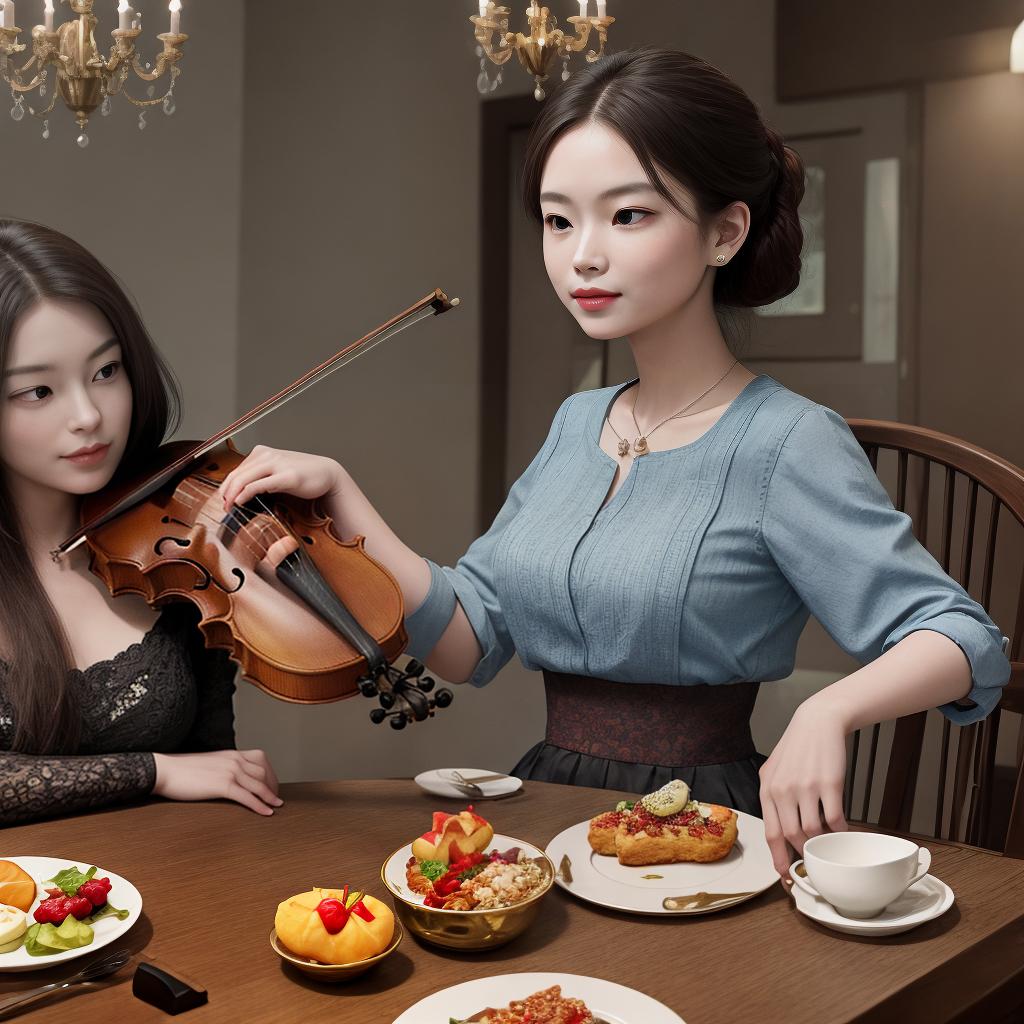  masterpiece, best quality, There should be an anatomical heart on a plate in the middle of the table, and a woman playing the violin at the head of the table