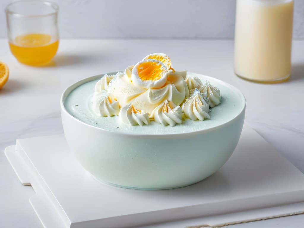  A photorealistic image of a glossy, pristine white bowl filled with fluffy, stiff peaks of aquafaba, perfectly emulating the texture and appearance of whipped egg whites. The aquafaba is expertly whipped to perfection, showcasing a light and airy consistency that is visually appealing and enticing. The bowl sits on a marble countertop, with soft natural light gently illuminating the scene, highlighting the delicate bubbles and smooth surface of the aquafaba. This image exudes a sense of professionalism and inspiration, inviting viewers to explore the wonders of this vegan egg white substitute. hyperrealistic, full body, detailed clothing, highly detailed, cinematic lighting, stunningly beautiful, intricate, sharp focus, f/1. 8, 85mm, (centered image composition), (professionally color graded), ((bright soft diffused light)), volumetric fog, trending on instagram, trending on tumblr, HDR 4K, 8K