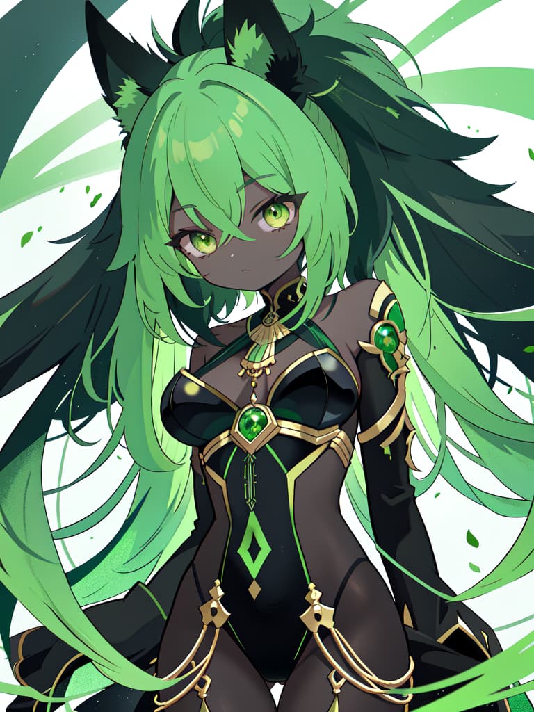  Green hair character and black Anubis, masterpiece, best quality,8k,ultra detailed,high resolution,an extremely delicate and beautiful,hyper detail