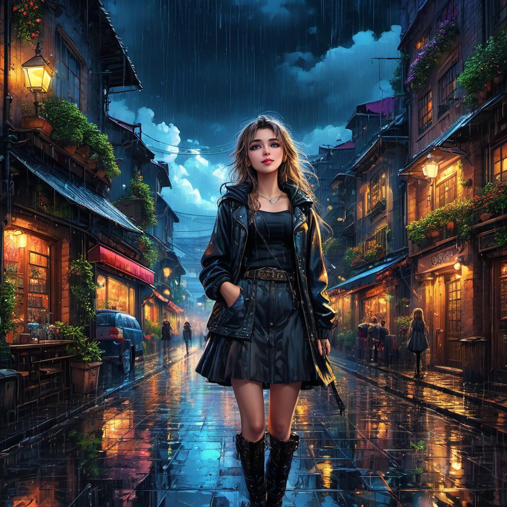  European girl, on the ciberpunk city, after rain , clouds, vivid, highly detailed, anime style, hand-drawn, combined with digital art, night, whimsical, (enchanting atmosphere:1.1), warm lighting , depth of field, Wacom Cintiq, Adobe Photoshop, 300 DPI, (hdr:1.2), dark perple shadows