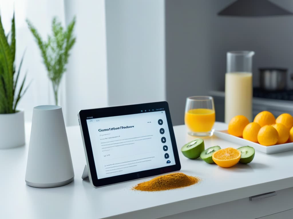  An elegant and minimalistic image of a pristine white kitchen counter, featuring a sleek digital tablet displaying a sophisticated and userfriendly glutenfree recipe app designed specifically for creative bakers. The tablet screen showcases vibrant, visually appealing dessert recipes with colorful ingredients and stepbystep instructions, embodying the essence of professional and inspiring culinary creativity. hyperrealistic, full body, detailed clothing, highly detailed, cinematic lighting, stunningly beautiful, intricate, sharp focus, f/1. 8, 85mm, (centered image composition), (professionally color graded), ((bright soft diffused light)), volumetric fog, trending on instagram, trending on tumblr, HDR 4K, 8K