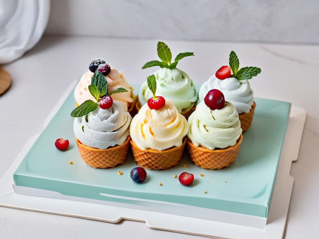  A highresolution, minimalist image of a colorful assortment of homemade healthy ice cream scoops arranged elegantly on a marble slab, garnished with fresh berries and mint leaves, with a soft focus background highlighting a modern kitchen setting. hyperrealistic, full body, detailed clothing, highly detailed, cinematic lighting, stunningly beautiful, intricate, sharp focus, f/1. 8, 85mm, (centered image composition), (professionally color graded), ((bright soft diffused light)), volumetric fog, trending on instagram, trending on tumblr, HDR 4K, 8K