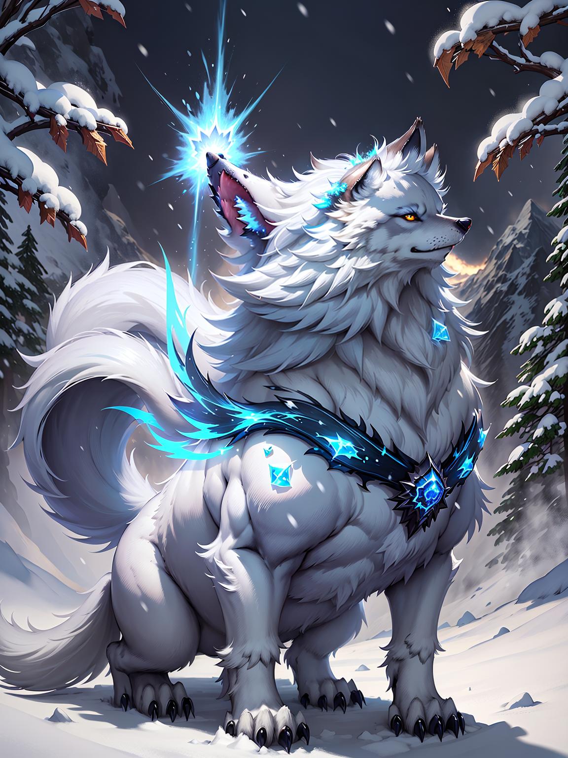  master piece, best quality, ultra detailed, highres, 4k.8k, White wolf., Using its powers to summon a blizzard., Proud and powerful., BREAK The majestic white wolf residing in the snowy mountain, wielding the power of winter to conjure blizzards., Snow covered mountain peak., Snow capped trees, icy cliffs, swirling snowflakes, ancient ruins., BREAK Majestic and serene., Glowing blue aura, swirling snowflakes around the wolf, ethereal mist., fun00d