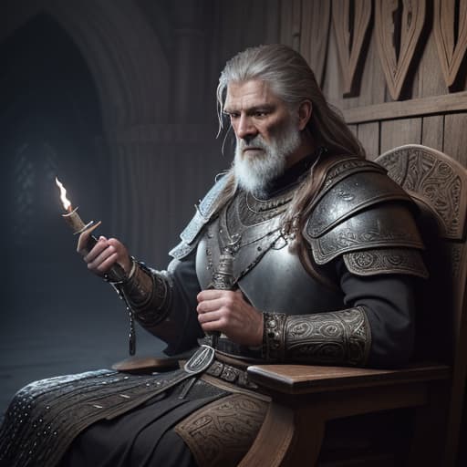  Highest quality, masterpiece, photorealistic, medium shot, RAW photo, of (a weary-looking but still proud and fierce-looking old Viking warrior, now the leader of his village, dressed in elaborately detailed chain mail and leather armour, sitting on a carved wooden throne furrowed with Viking runes and symbols, in the village meeting hall, on his lap rests an elaborately carved and beautifully crafted longsword, a few torches burn on the walls, giving the scene a dark atmosphere but sculpting the forms in sharp chiaroscuro), it is night time, (highly detailed skin), skin texture, (detailed face), detailed background, sharp focus, dark lighting, twilight lighting, volumetric lighting, highly detailed, intricate details, 8k, highly detailed,  hyperrealistic, full body, detailed clothing, highly detailed, cinematic lighting, stunningly beautiful, intricate, sharp focus, f/1. 8, 85mm, (centered image composition), (professionally color graded), ((bright soft diffused light)), volumetric fog, trending on instagram, trending on tumblr, HDR 4K, 8K