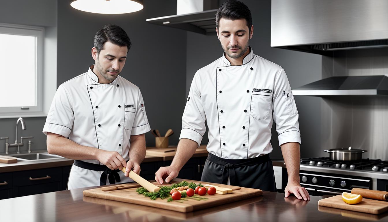  digital illustration, a man in his 30s, wearing a chef's uniform, is focused on cooking in a well organized kitchen, various culinary tools around him, focused, professional, looking at viewer, dynamic pose, (intricate details, masterpiece, best quality)