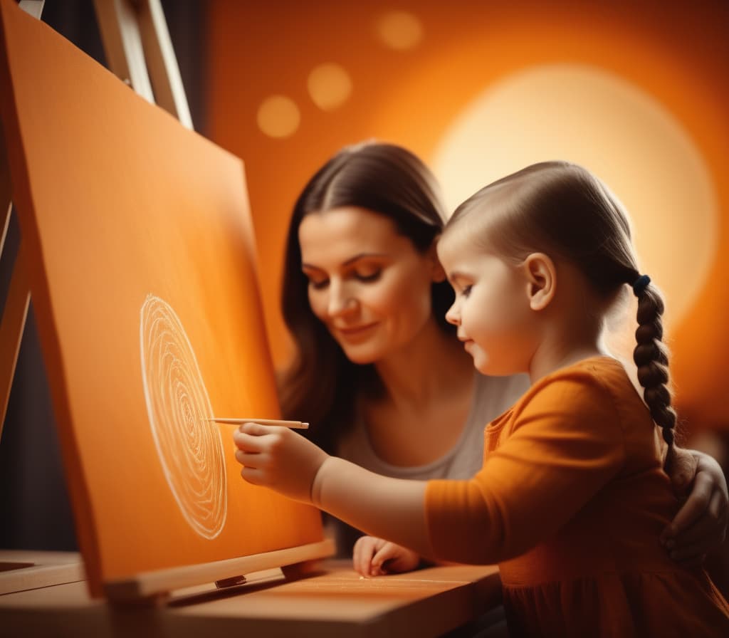  cinematic film still Mama and child draw on orange canvas, Mama and Little One on heavenly background. . shallow depth of field, vignette, highly detailed, high budget, bokeh, cinemascope, moody, epic, gorgeous, film grain, grainy