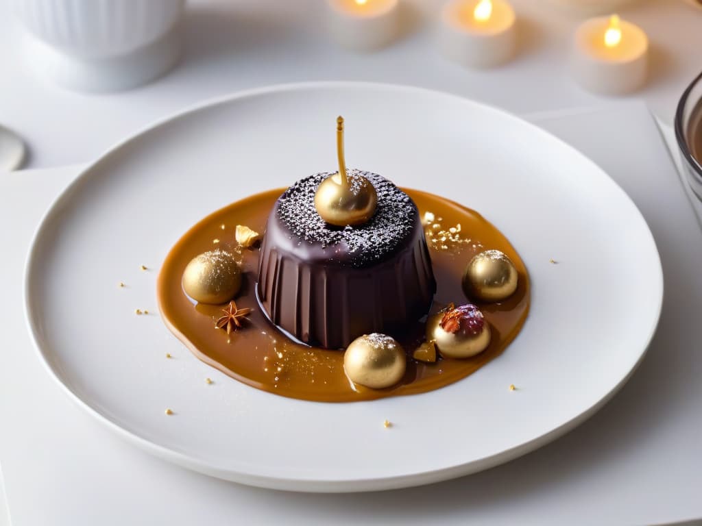  A highresolution image of a single, exquisite chocolate truffle placed delicately on a white porcelain plate, with a drizzle of glossy caramel sauce cascading down its side. The truffle is dusted with a fine sprinkling of gold flakes, emphasizing its decadence and elegance. The background is a soft, diffused light that enhances the rich colors of the dessert, creating a captivating and minimalistic visual. hyperrealistic, full body, detailed clothing, highly detailed, cinematic lighting, stunningly beautiful, intricate, sharp focus, f/1. 8, 85mm, (centered image composition), (professionally color graded), ((bright soft diffused light)), volumetric fog, trending on instagram, trending on tumblr, HDR 4K, 8K