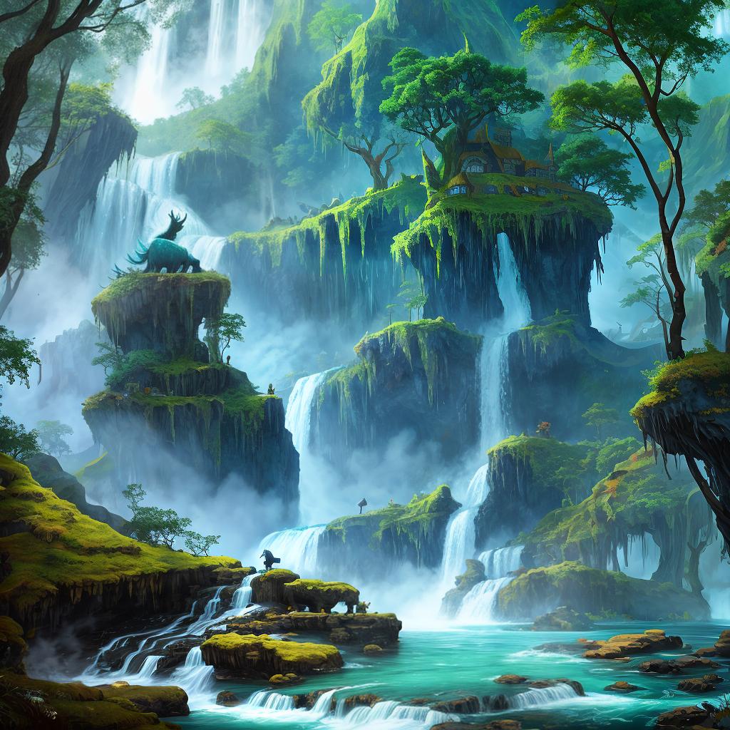  in a fantasy setting, Paint a surreal landscape where mythical beasts roam amidst cascading waterfalls.