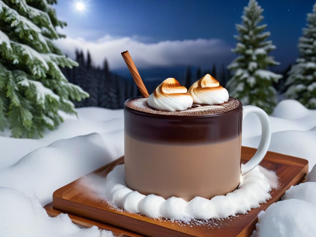  A minimalist image of a rich, velvety hot chocolate topped with a perfectly toasted marshmallow, set against a backdrop of snowcovered evergreen trees under a starry night sky. The steam rising from the mug swirls elegantly in the cold air, creating a cozy and inviting winter scene that evokes warmth and comfort. hyperrealistic, full body, detailed clothing, highly detailed, cinematic lighting, stunningly beautiful, intricate, sharp focus, f/1. 8, 85mm, (centered image composition), (professionally color graded), ((bright soft diffused light)), volumetric fog, trending on instagram, trending on tumblr, HDR 4K, 8K