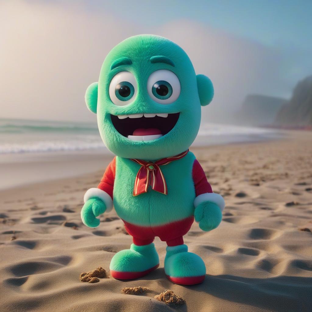  candy mascot on the beach, pixar style hyperrealistic, full body, detailed clothing, highly detailed, cinematic lighting, stunningly beautiful, intricate, sharp focus, f/1. 8, 85mm, (centered image composition), (professionally color graded), ((bright soft diffused light)), volumetric fog, trending on instagram, trending on tumblr, HDR 4K, 8K