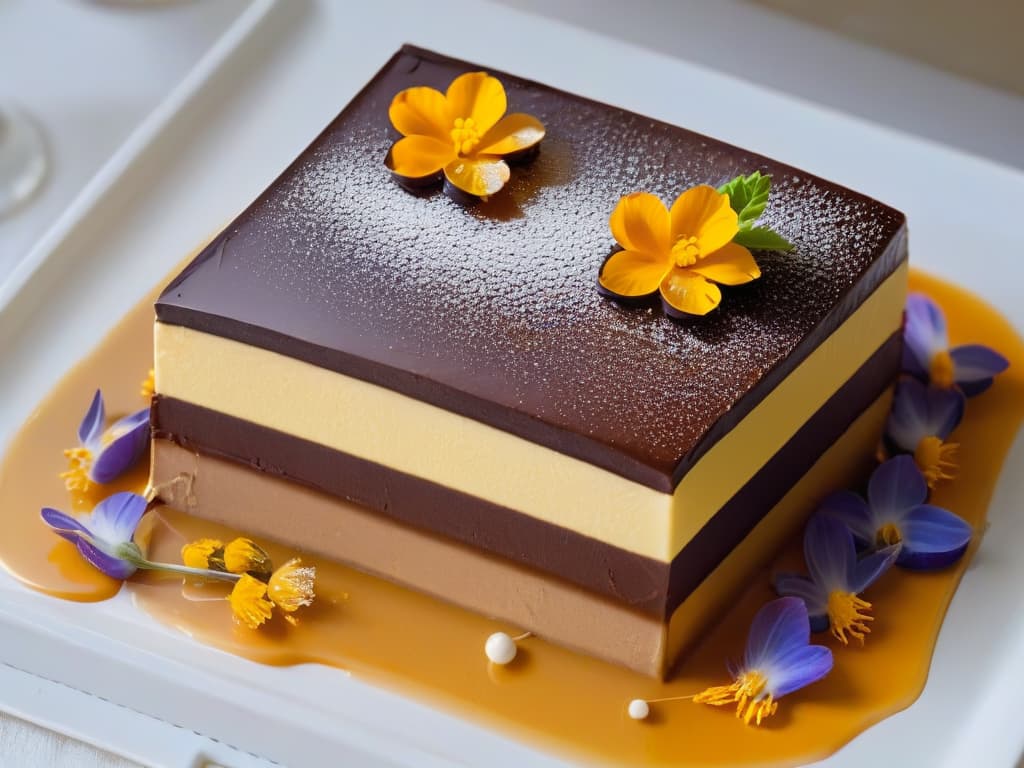  A closeup, ultradetailed image of a delicate, intricately designed dessert plated on a sleek, minimalist white dish. The dessert features layers of smooth, glossy ganache, topped with meticulously placed edible gold leaf, and garnished with tiny, vibrant edible flowers. The lighting is soft and focused, highlighting the dessert's exquisite textures and elegant presentation. hyperrealistic, full body, detailed clothing, highly detailed, cinematic lighting, stunningly beautiful, intricate, sharp focus, f/1. 8, 85mm, (centered image composition), (professionally color graded), ((bright soft diffused light)), volumetric fog, trending on instagram, trending on tumblr, HDR 4K, 8K