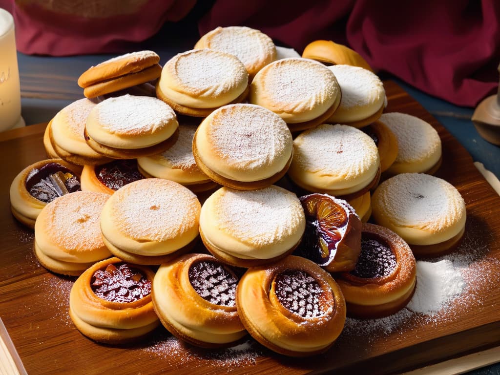  A closeup, ultradetailed image of freshly baked Kleicha cookies filled with dates, topped with a light dusting of powdered sugar, arranged beautifully on a rustic wooden serving board. The cookies are perfectly shaped, showcasing intricate patterns on their surface, with the goldenbrown crust glistening under warm lighting. The dates peek through the delicate pastry, exuding a rich, sweet aroma, while tiny crumbs of dough scatter around, emphasizing the homemade, inviting allure of these traditional Iraqi treats. hyperrealistic, full body, detailed clothing, highly detailed, cinematic lighting, stunningly beautiful, intricate, sharp focus, f/1. 8, 85mm, (centered image composition), (professionally color graded), ((bright soft diffused light)), volumetric fog, trending on instagram, trending on tumblr, HDR 4K, 8K