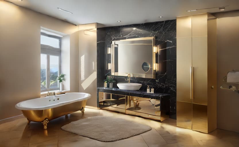  a luxurious bathroom with a golden bathtub, black floor, white rug, wooden interior, elegant mirror, and a beautiful view from the window Style RAW Photo, realistic, 16:9, best quality, high resolution, (sharp focus), (perfect image composition), ((masterpiece)), (professionally color graded), <lora:more details:0>, epiCRealism, <lyco:Mangled Merge Lyco:0>, HDR 4K, 8K