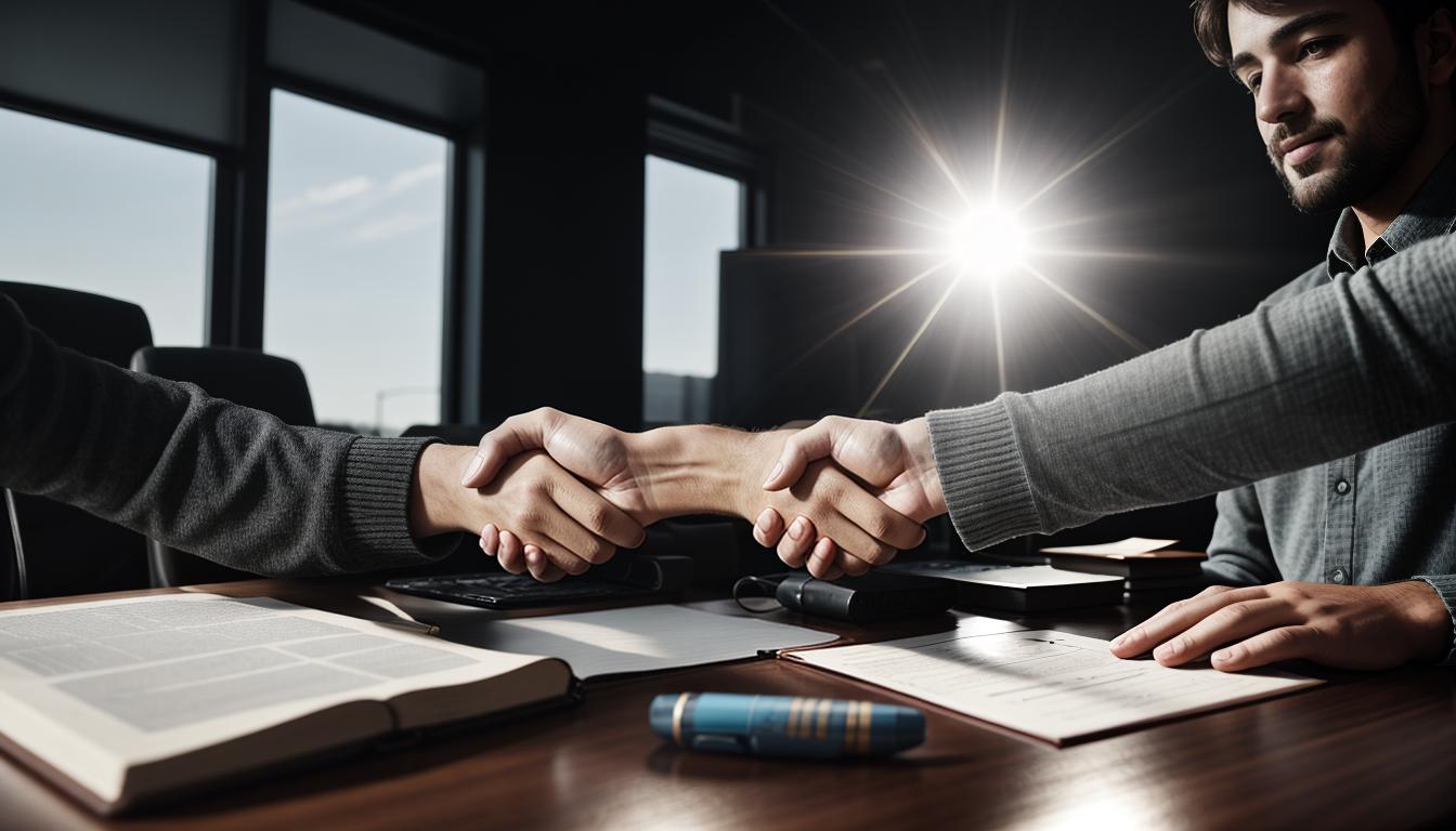  cinematic, aesthetic, Handshake over a completed project, papers and pens on the table, light shining on the hands, indicates promises and mutual benefits, 4k, HDR, lens flare