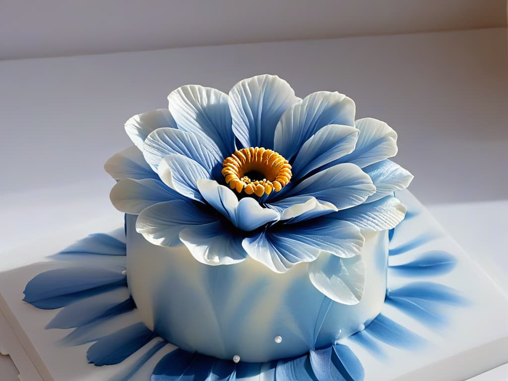  A closeup, ultradetailed image of a delicate, intricate sugar flower being meticulously crafted by a pair of skilled hands. The petals are translucent, capturing the light in a mesmerizing way, and tiny veins and details are visible, showcasing the artisan's expertise in sugar artistry. The background is a soft blur, focusing all attention on the exquisite beauty and precision of the flower being created. hyperrealistic, full body, detailed clothing, highly detailed, cinematic lighting, stunningly beautiful, intricate, sharp focus, f/1. 8, 85mm, (centered image composition), (professionally color graded), ((bright soft diffused light)), volumetric fog, trending on instagram, trending on tumblr, HDR 4K, 8K