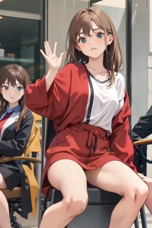  A caucasian with brown hair, totally , with healthy body, mive s and big ; sitting in a chair, thrown back, with her legs very open and her with her left hand.