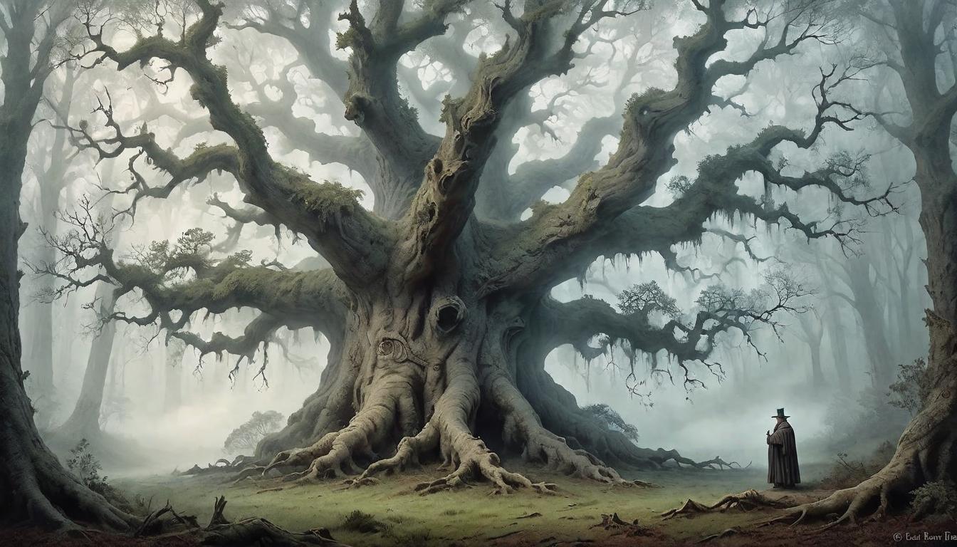  on parchment, surrealism+++, An ancient oak in a misty forest, roots deep and sprawling, symbol of enduring resilience, timeless strength, ethereal morning fog(mysterious, provocative, symbolic,muted color)+++