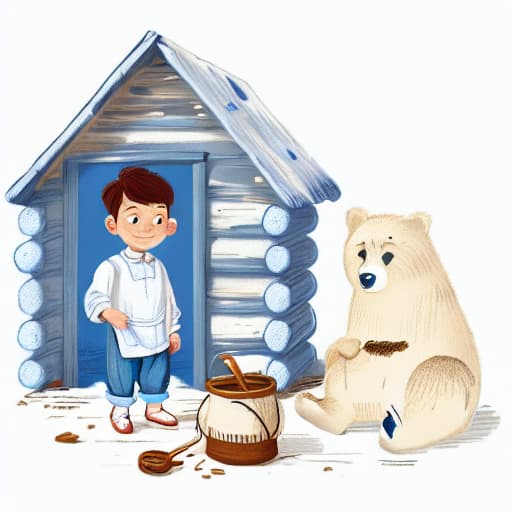  1boy, white shirt, blue jeans, in the cabin, a bear standing