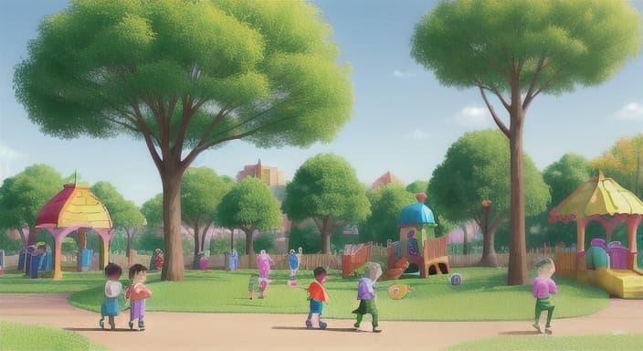  {Imagine a colorful park with children playing., Children with diverse appearances and bright smiles.