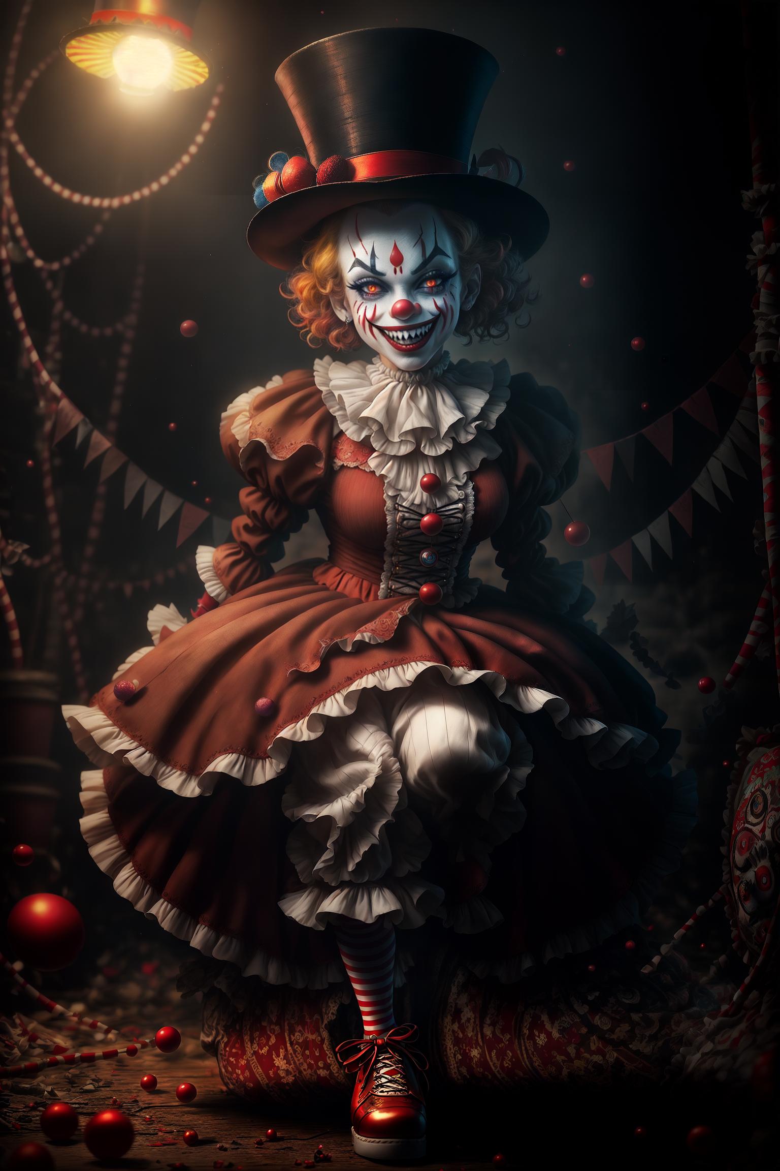  Pennywise, (evil grin:1.2), (mouth shaped like an evil smile), (sharp and irregular teeth), (giving a creepy feeling), (mad eyes:1.0), (large and protruding eyes), (filled with madness and cruelty), (color could be blood red or bright yellow), (as if twinkling in the dark), (clown attire:1.0), (wearing traditional clown costume), (puff sleeved white shirt), (colorful striped pants), (oversized toe shoes), (wearing a round top hat with a hair curl), (striking appearance:1.0), (covered in pale gray skin), (face painted with exaggerated clown makeup), (overly liquid foundation), (broad red lips), (highly arched eyebrows), (abandoned circus environment:1.2), (main scene is a long abandoned, dim, and slightly worn out circus), (environment inclu hyperrealistic, full body, detailed clothing, highly detailed, cinematic lighting, stunningly beautiful, intricate, sharp focus, f/1. 8, 85mm, (centered image composition), (professionally color graded), ((bright soft diffused light)), volumetric fog, trending on instagram, trending on tumblr, HDR 4K, 8K