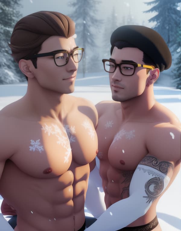  tattooed brothers with yellow glasses and white lace socks are taking a bath in snow，gay，Asian，Asiatic，Asian，Asian， portrait, happy colors, bright eyes, clear eyes, warm smile, smooth soft skin，symmetrical, anime wide eyes，big bulge， huge pectorales, naked whole body <lora:kanonshibuya-lora:1> hyperrealistic, full body, detailed clothing, highly detailed, cinematic lighting, stunningly beautiful, intricate, sharp focus, f/1. 8, 85mm, (centered image composition), (professionally color graded), ((bright soft diffused light)), volumetric fog, trending on instagram, trending on tumblr, HDR 4K, 8K
