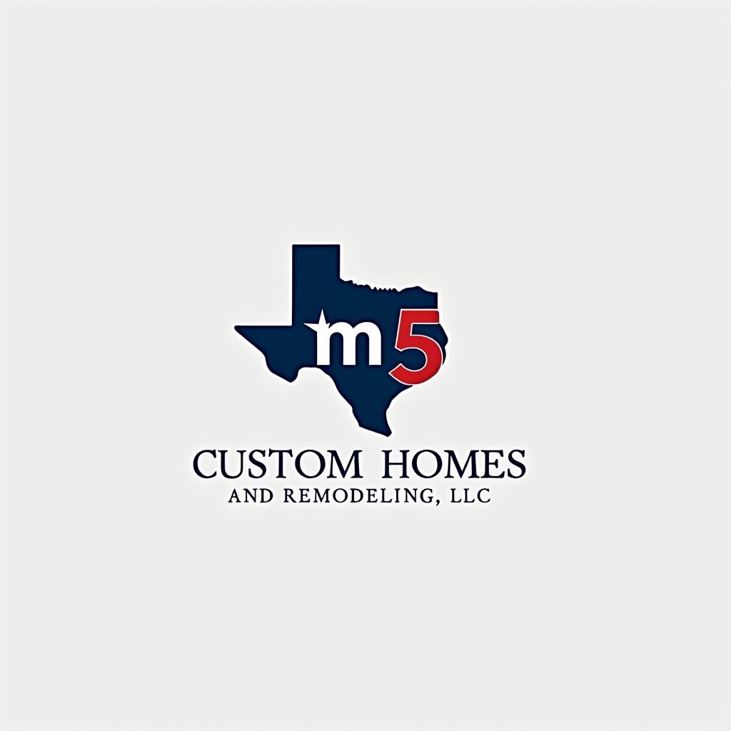  create a minimalist logo featuring the outline of texas. inside the outline, include the letters 'm5' in a bold, modern font: the 'm' in blue, the '5' in red, and a white star. use colors from the texas flag (blue, red, and white) for these elements. add the text 'custom homes and remodeling, llc' elegantly below or around the texas outline in a neutral color, like black or dark blue, to enhance readability while keeping the focus on the central design.