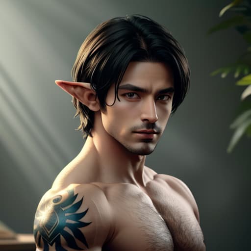  shirtless male, half-elf, short black hair, green eyes, tattoos, thin toned build, ranger, hyperrealistic, high quality, highly detailed, cinematic lighting, intricate, sharp focus, f/1. 8, 85mm, (centered image composition), (professionally color graded), ((bright soft diffused light)), volumetric fog, trending on instagram, HDR 4K, 8K