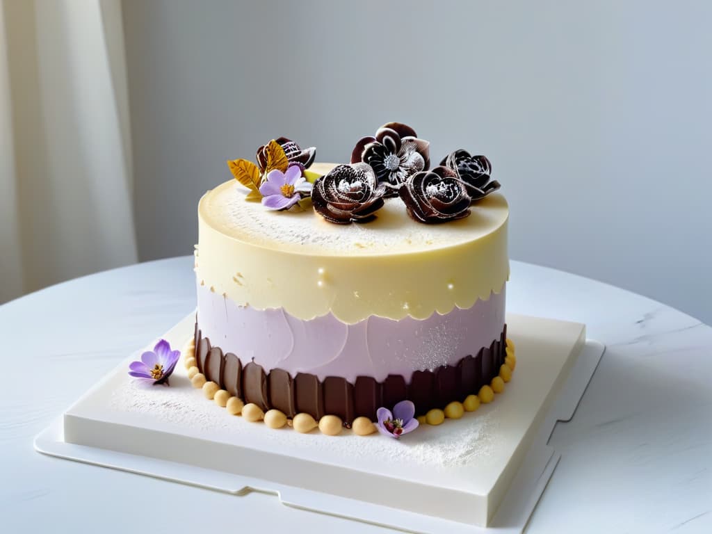  A minimalist, ultradetailed 8k image of a decadent threetiered cake crafted by Éric Lanlard, featuring intricate layers of sponge, velvety chocolate ganache, and delicate sugar flowers in shades of pastel pink, lavender, and ivory. The cake is elegantly displayed on a sleek marble plinth, with soft, diffused lighting that highlights the exquisite craftsmanship and artistry of Lanlard's confectionery skills. hyperrealistic, full body, detailed clothing, highly detailed, cinematic lighting, stunningly beautiful, intricate, sharp focus, f/1. 8, 85mm, (centered image composition), (professionally color graded), ((bright soft diffused light)), volumetric fog, trending on instagram, trending on tumblr, HDR 4K, 8K