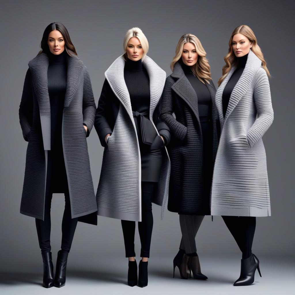  stacked papercut art of A row of three girls in different modern, unique, asymmetrical, black and gray feminine winter coats. On their legs, there is bulky knitted footwear. Their hair is tied up. . 3D, layered, dimensional, depth, precision cut, stacked layers, papercut, high contrast hyperrealistic, full body, detailed clothing, highly detailed, cinematic lighting, stunningly beautiful, intricate, sharp focus, f/1. 8, 85mm, (centered image composition), (professionally color graded), ((bright soft diffused light)), volumetric fog, trending on instagram, trending on tumblr, HDR 4K, 8K