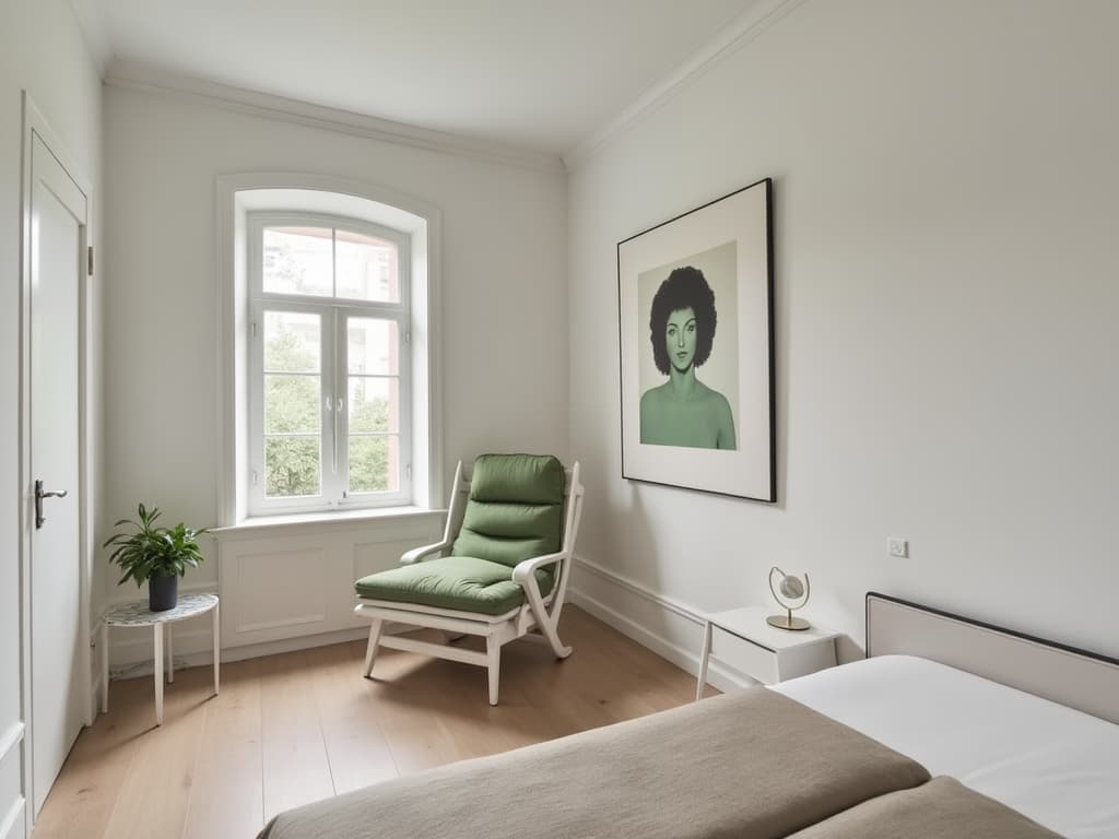  this editorial photography showcases a guest bedroom designed in a contemporary style, emphasizing the latest trends with clean lines and a sense of balance and harmony. the room introduces a monochromatic green hue (rgb value needed), creating a serene and welcoming space for visitors. a notable feature is the framed toulouse lautrec artwork on the wall, adding a touch of artistic flair to the comfortable setting.