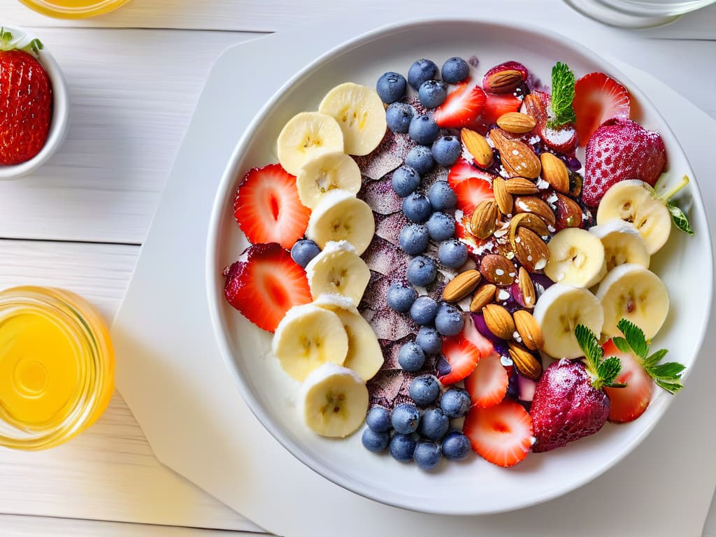  A highresolution image of a beautifully plated acai bowl topped with vibrant fresh fruits, nuts, seeds, and a drizzle of honey, set against a clean, white background. The bowl is artistically arranged with sliced strawberries, blueberries, banana slices, chia seeds, almonds, and a sprinkle of coconut flakes, showcasing the colorful and nutritious ingredients that make up this healthy and delicious superfood dessert. hyperrealistic, full body, detailed clothing, highly detailed, cinematic lighting, stunningly beautiful, intricate, sharp focus, f/1. 8, 85mm, (centered image composition), (professionally color graded), ((bright soft diffused light)), volumetric fog, trending on instagram, trending on tumblr, HDR 4K, 8K