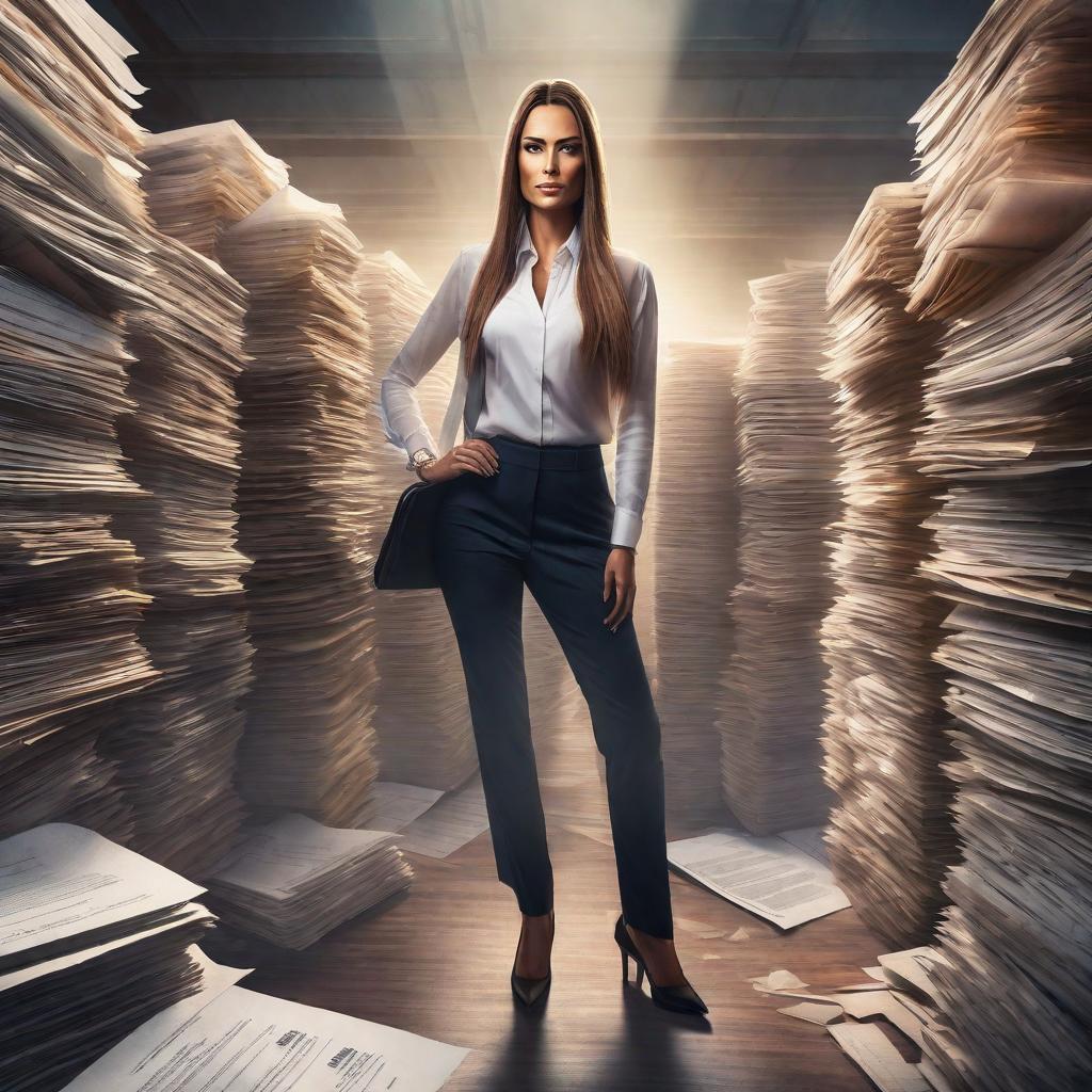  + A female office worker with long hair stands on a pile of documents. watercolor cartoon pictures hyperrealistic, full body, detailed clothing, highly detailed, cinematic lighting, stunningly beautiful, intricate, sharp focus, f/1. 8, 85mm, (centered image composition), (professionally color graded), ((bright soft diffused light)), volumetric fog, trending on instagram, trending on tumblr, HDR 4K, 8K