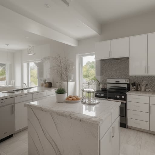  kitchen decorated with uniform light grey or off white cabinets, including the island and the sets of cabinets behind it, existing countertops intact, modern lighting, photorealistic, contrast, high quality, hyper realistic, clear features, highly detailed, natural lighting, sharp focus, f/1.8, 85mm, high contrast, HDR 4K, 8K