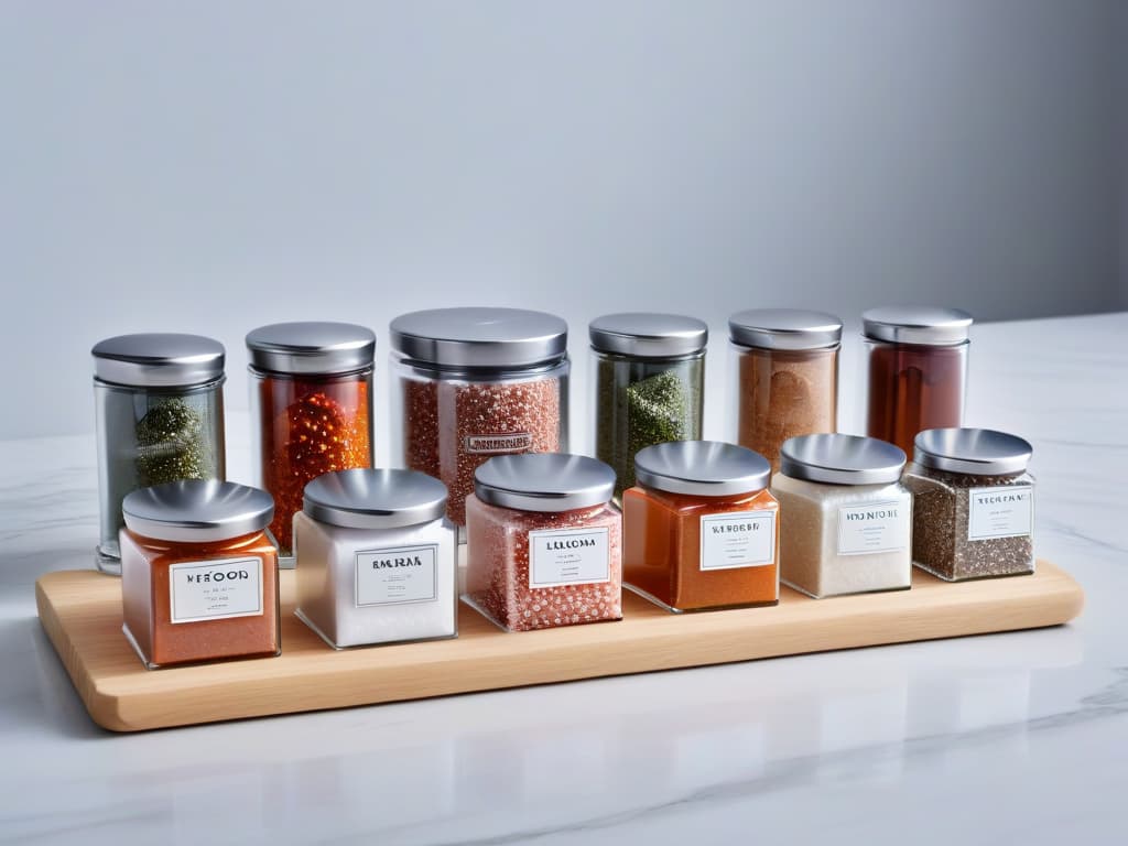  A highresolution, minimalist image showcasing a variety of intricately designed salt shakers and containers, each labeled with different types of gourmet salts like Himalayan pink salt, Maldon sea salt, and smoked salt. The containers are arranged in an aesthetically pleasing pattern on a sleek marble countertop, with soft natural lighting emphasizing the textures and colors of the salts. The composition exudes elegance and sophistication, perfectly complementing the theme of the article on using different salts in sweet baking. hyperrealistic, full body, detailed clothing, highly detailed, cinematic lighting, stunningly beautiful, intricate, sharp focus, f/1. 8, 85mm, (centered image composition), (professionally color graded), ((bright soft diffused light)), volumetric fog, trending on instagram, trending on tumblr, HDR 4K, 8K