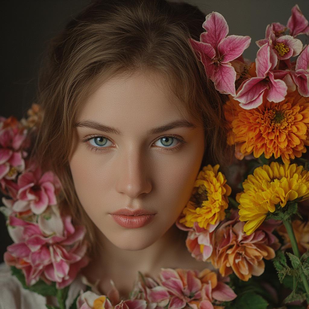  a realistic portrait of a young woman surrounded by a vibrant bouquet of flowers. the light is soft and natural, highlighting the delicate details of her face and the intricate textures of the blossoms. the composition is balanced, with a sense of intimacy and quiet beauty. high quality photorealistic details, soft focus, natural lighting, muted colors. hyperrealistic, full body, detailed clothing, highly detailed, cinematic lighting, stunningly beautiful, intricate, sharp focus, f/1. 8, 85mm, (centered image composition), (professionally color graded), ((bright soft diffused light)), volumetric fog, trending on instagram, trending on tumblr, HDR 4K, 8K