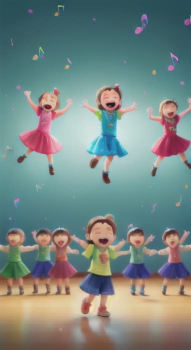  {Children singing and dancing with wide smiles and musical notes floating around them., Kids joyfully dancing and singing, showing their energy and happiness.