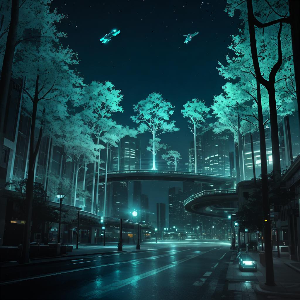  with abstract cityscape elements, A futuristic cityscape with floating, bioluminescent trees and flying cars