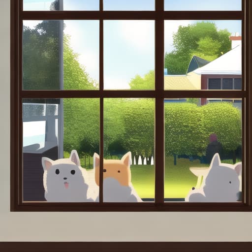  shiba inu looking into a house window, group of kids playing in the window, focus cow looking into window at kids