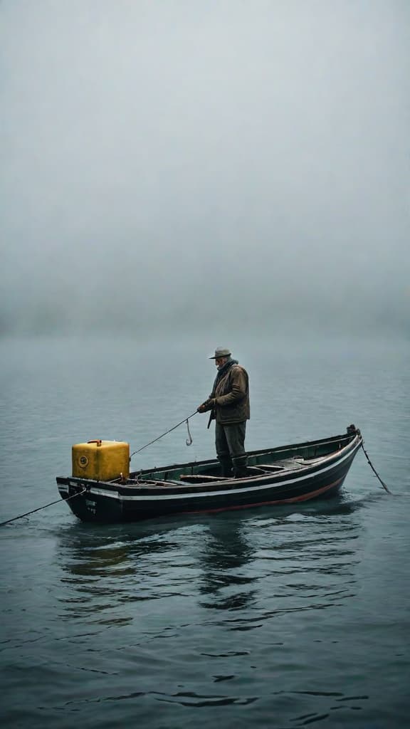  (A small, weathered fishing boat navigating through a dense, swirling fog on a calm, grey sea. In the water, a large, ornate glass bottle, partially obscured by the mist, drifts gently. The boat's occupant, an elderly fisherman with a weathered face and gnarled hands, leans over to scoop the bottle from the water.) hyperrealistic, full body, detailed clothing, highly detailed, cinematic lighting, stunningly beautiful, intricate, sharp focus, f/1. 8, 85mm, (centered image composition), (professionally color graded), ((bright soft diffused light)), volumetric fog, trending on instagram, trending on tumblr, HDR 4K, 8K