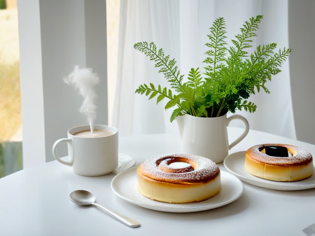  A highresolution, minimalist image of a perfectly arranged Swedish fika table setting, featuring a sleek white ceramic coffee cup with steam rising, a golden cinnamon bun sprinkled with powdered sugar placed on a delicate saucer, a sprig of fresh mint as garnish, and a vintage silver spoon resting beside the cup. The table is adorned with a crisp linen napkin, a small vase of wildflowers, and a soft glow from a nearby window casting gentle shadows, creating an inviting and serene atmosphere. The composition exudes elegance and simplicity, capturing the essence of Swedish fika culture. hyperrealistic, full body, detailed clothing, highly detailed, cinematic lighting, stunningly beautiful, intricate, sharp focus, f/1. 8, 85mm, (centered image composition), (professionally color graded), ((bright soft diffused light)), volumetric fog, trending on instagram, trending on tumblr, HDR 4K, 8K