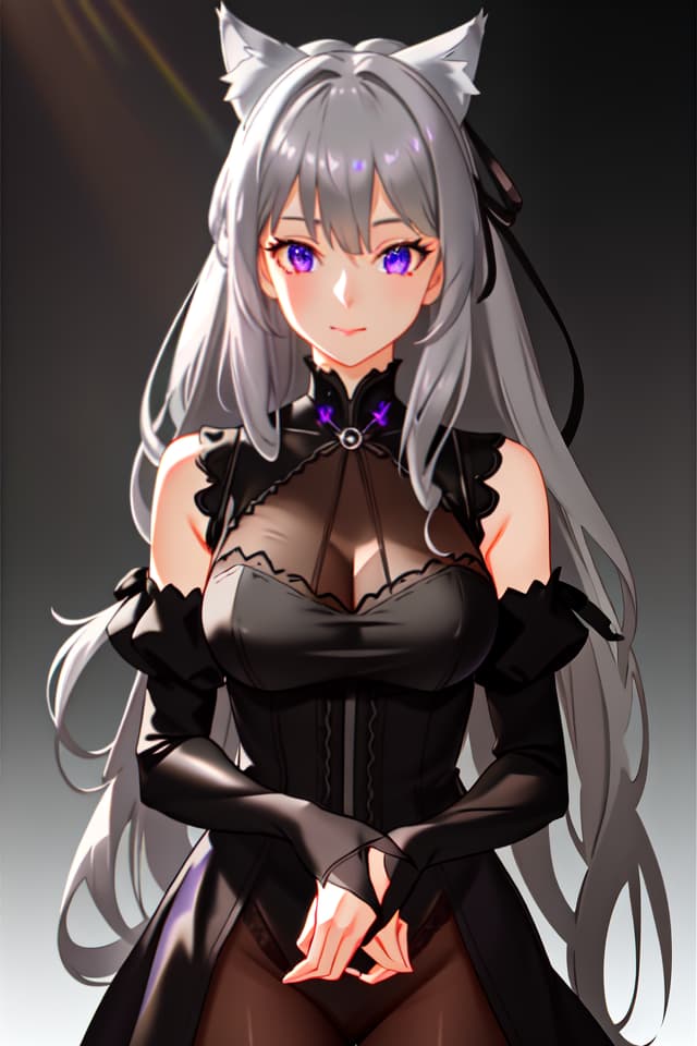  (Beautiful gray hair), cat ears, (large green ribbon on the hair), low ponytails, purple eyes, upper black, black knee length dresses, black tights, only upper body hyperrealistic, full body, detailed clothing, highly detailed, cinematic lighting, stunningly beautiful, intricate, sharp focus, f/1. 8, 85mm, (centered image composition), (professionally color graded), ((bright soft diffused light)), volumetric fog, trending on instagram, trending on tumblr, HDR 4K, 8K