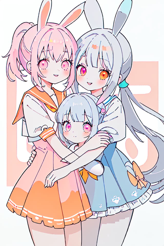  Rabbit ears,friends,smiles,beautiful girls,2 people,(orange eyes,light blue hair,perm,ponytail,),(pink eyes,gray hair,long hair,),cute,good friends,hugging each other,sailor suit,cuteRabbit ears,friends,smiles,beautiful girls,2 people,(orange eyes,light blue hair,perm,ponytail,),(pink eyes,gray hair,long hair,),cute,good friends,hugging each other,sailor suit,cute(absurd detailed:1.4、best quality:1.4、masterpiece:1.4)、The same height、