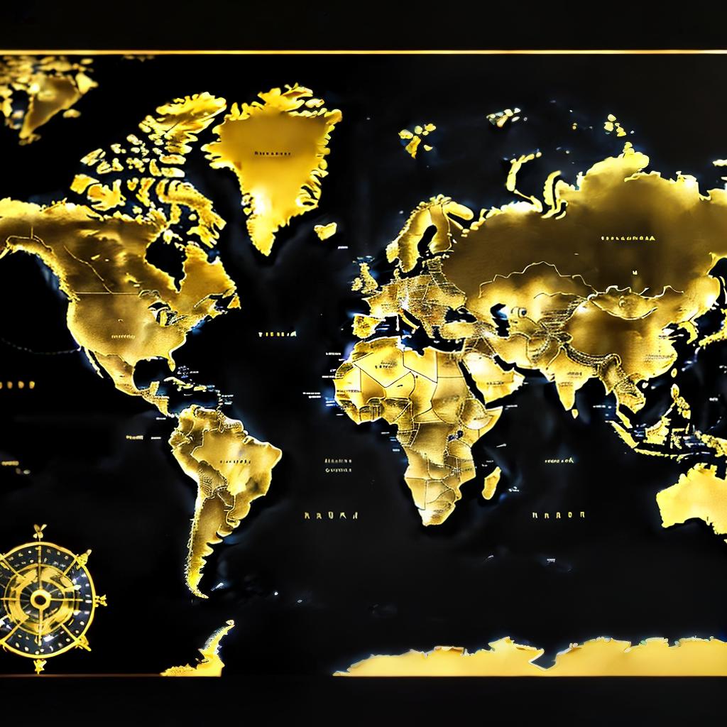  black and gold world map ,highly detailed, cinematic lighting, stunningly beautiful, intricate, sharp focus, f1. 8, 85mm, (centered image composition), (professionally color graded), ((bright soft diffused light)), volumetric fog, trending on instagram, trending on tumblr, HDR 4K, 8K